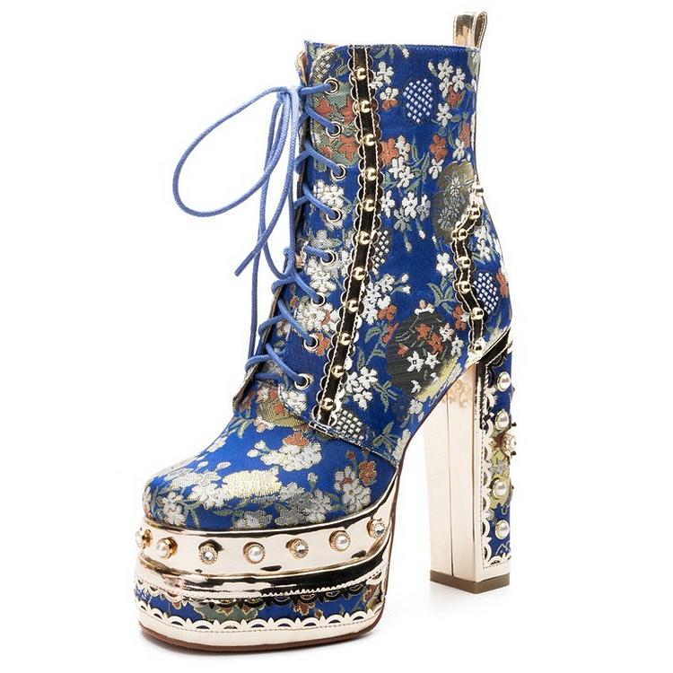 Wedding Fashion Hand-set Diamonds Rhinestone Blue Silk Lace Up Platform Chunky Heel Ankle Boots