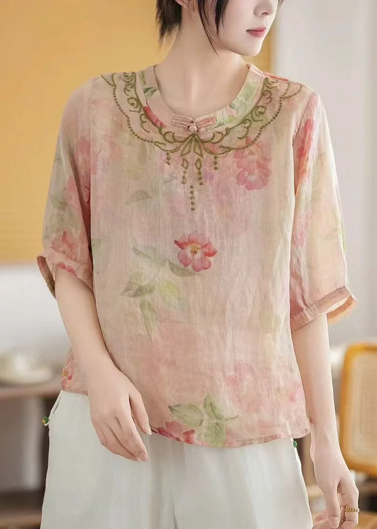 Vintage Pink Print Chinese Style Linen Top Summer