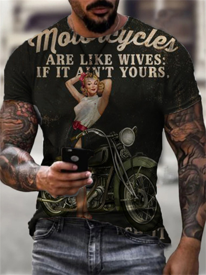 Summer Men's Motorcycle Printing 3D T-shirt Men's Street Tide Round Neck Slim Riding Short-sleeved