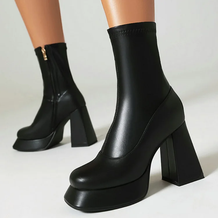 PU Leather Floral Square Toe Puppy Heel Mid Calf Boots