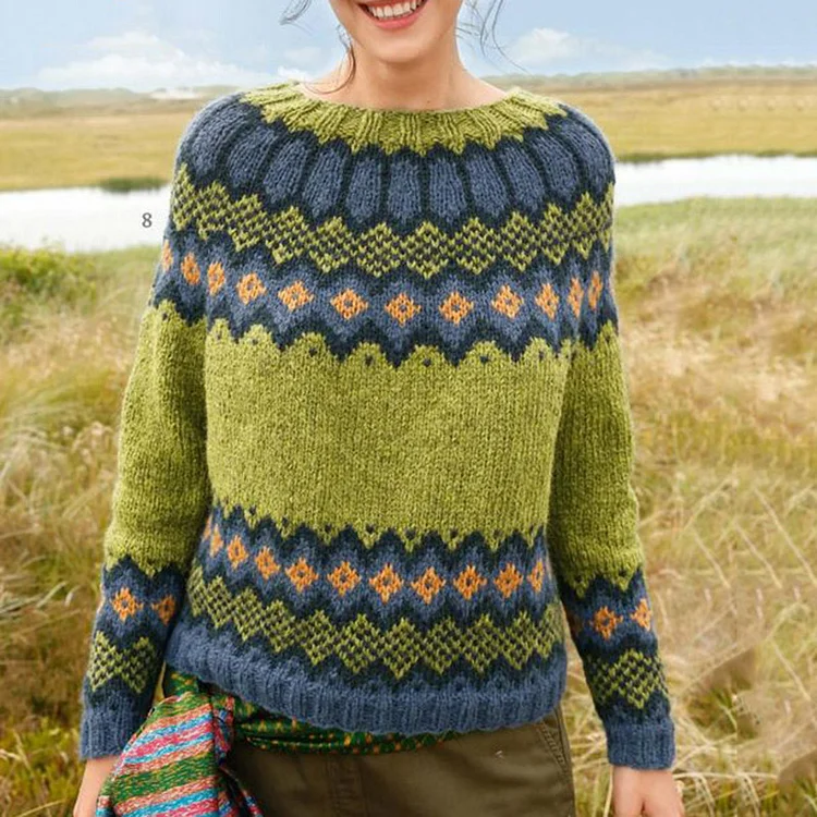 Vefave Fairman Island Vintage Loose Jacquard Crewneck Sweater