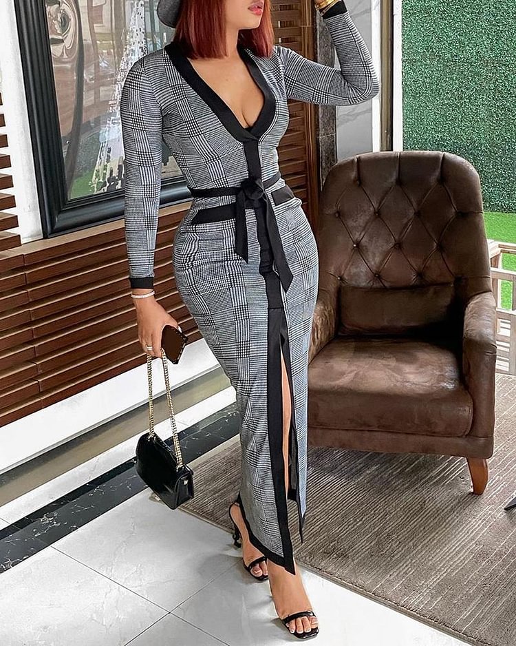 High Slit Plaid Long Sleeve Plunge Maxi Dress P12284