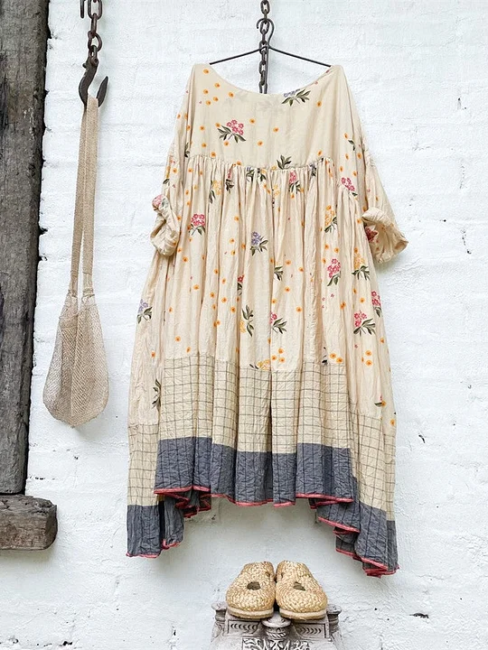 Flower & Plaid Loose Linen Dress