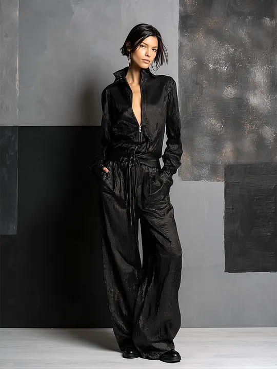 Women's All-Black Vertical Striped Lurex Jumpsuit With Collar Half Zip Front & Self Tie Wait Belt, Edgy Night Out Wide Leg Metallic Jumpsuit MD