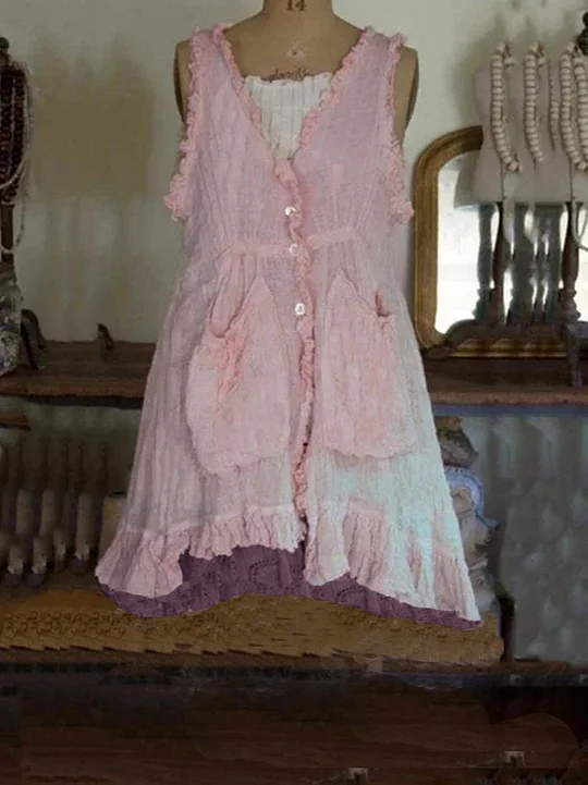 Beige Pockets Sleeveless Vintage Dresses