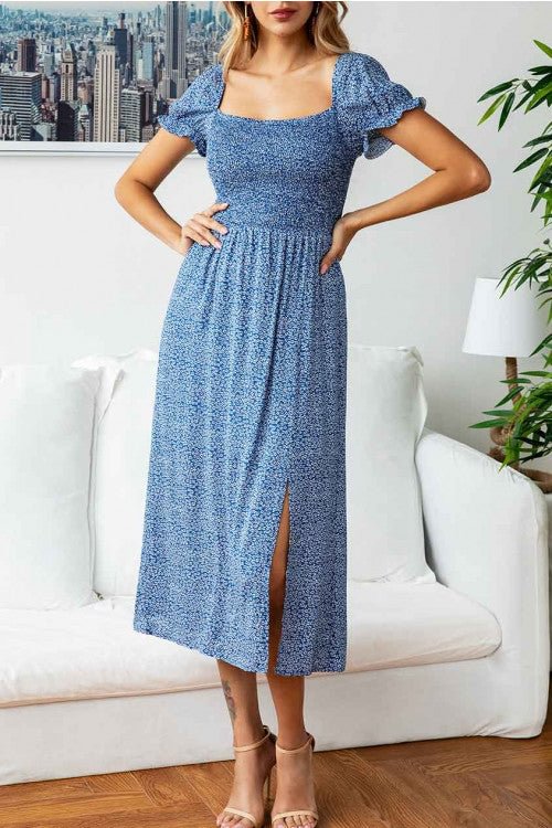 Square Neck Backless Printed Slit Dress - Life is Beautiful for You - SheChoic