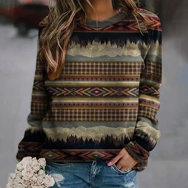 Vefave Vintage Western Print Crew Neck Long Sleeve Sweatshirt