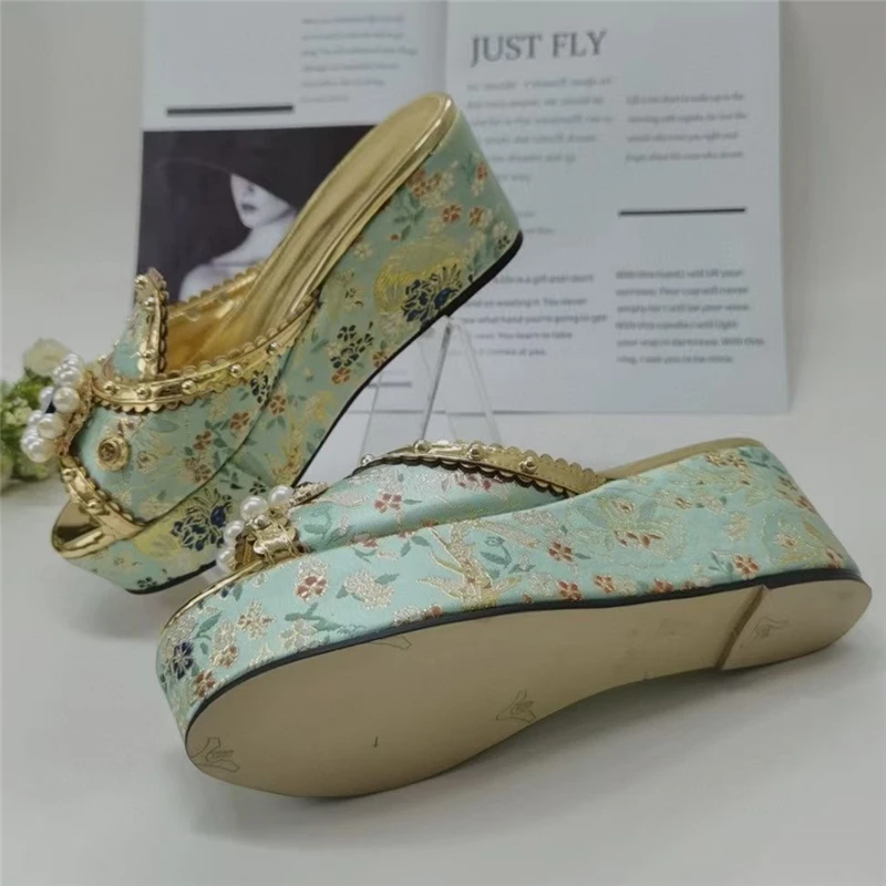 TAAFO Embroidery Flower Satin Sandals Women High Platform Wedges Slingbacks Rivet Diamond Crystal Buckle Party Shoes 