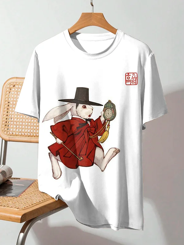 Men's Funny Hanbok Rabbit Easter Ink Painting Print T-Shirt