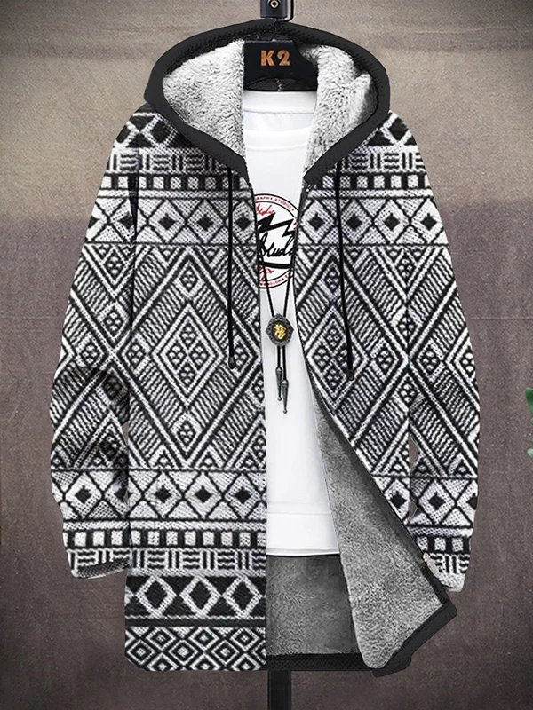 Men's Geometric Pattern Print Fleece Lined Hooded Trench Coat