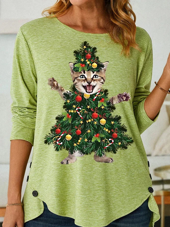 Womens Funny Cat Christmas Tree PrintTop socialshop
