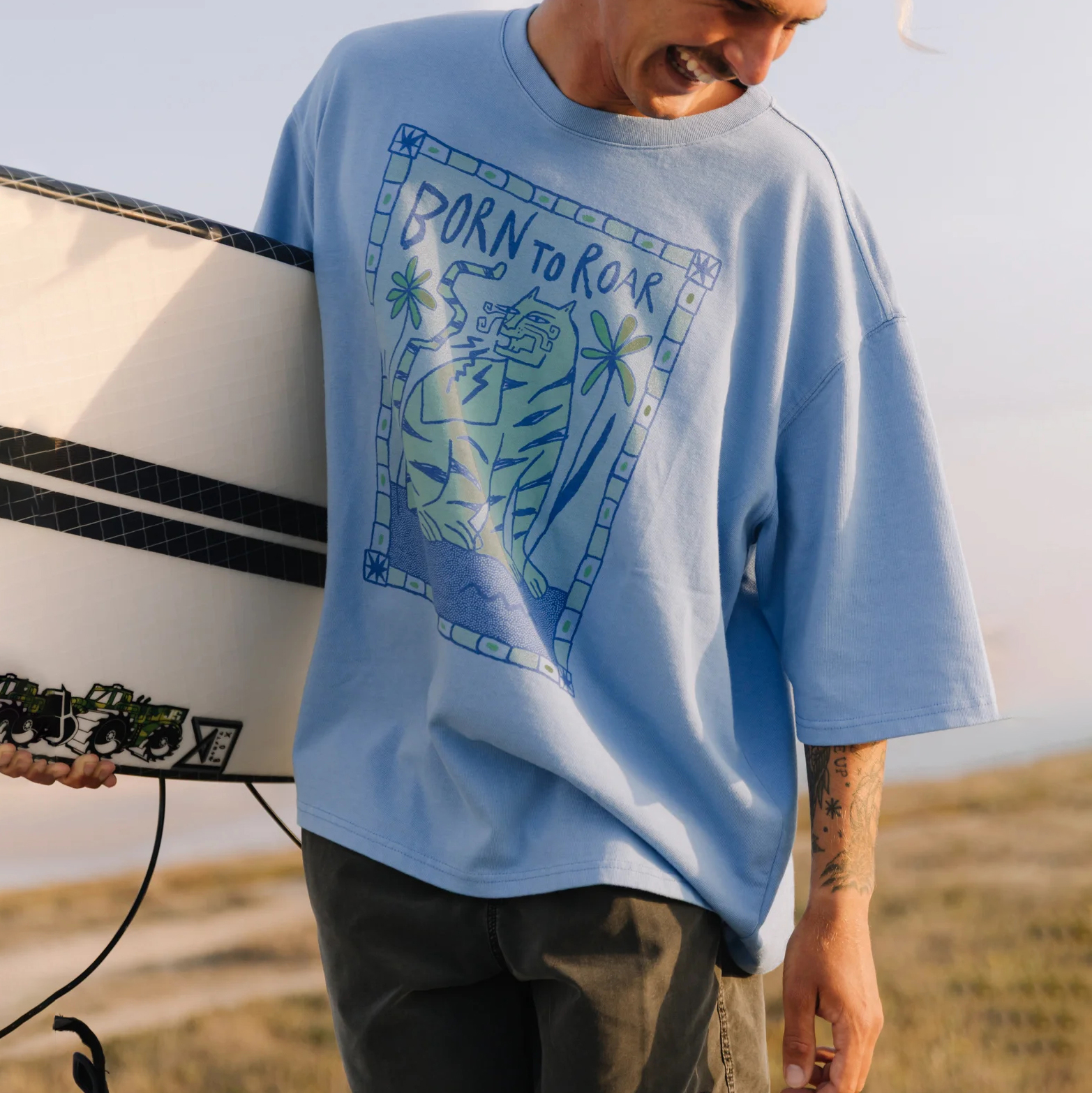 thesupersurf Cotton Blend Black T-Shirt with Embroidered 'Eat Waves' Noodle Design