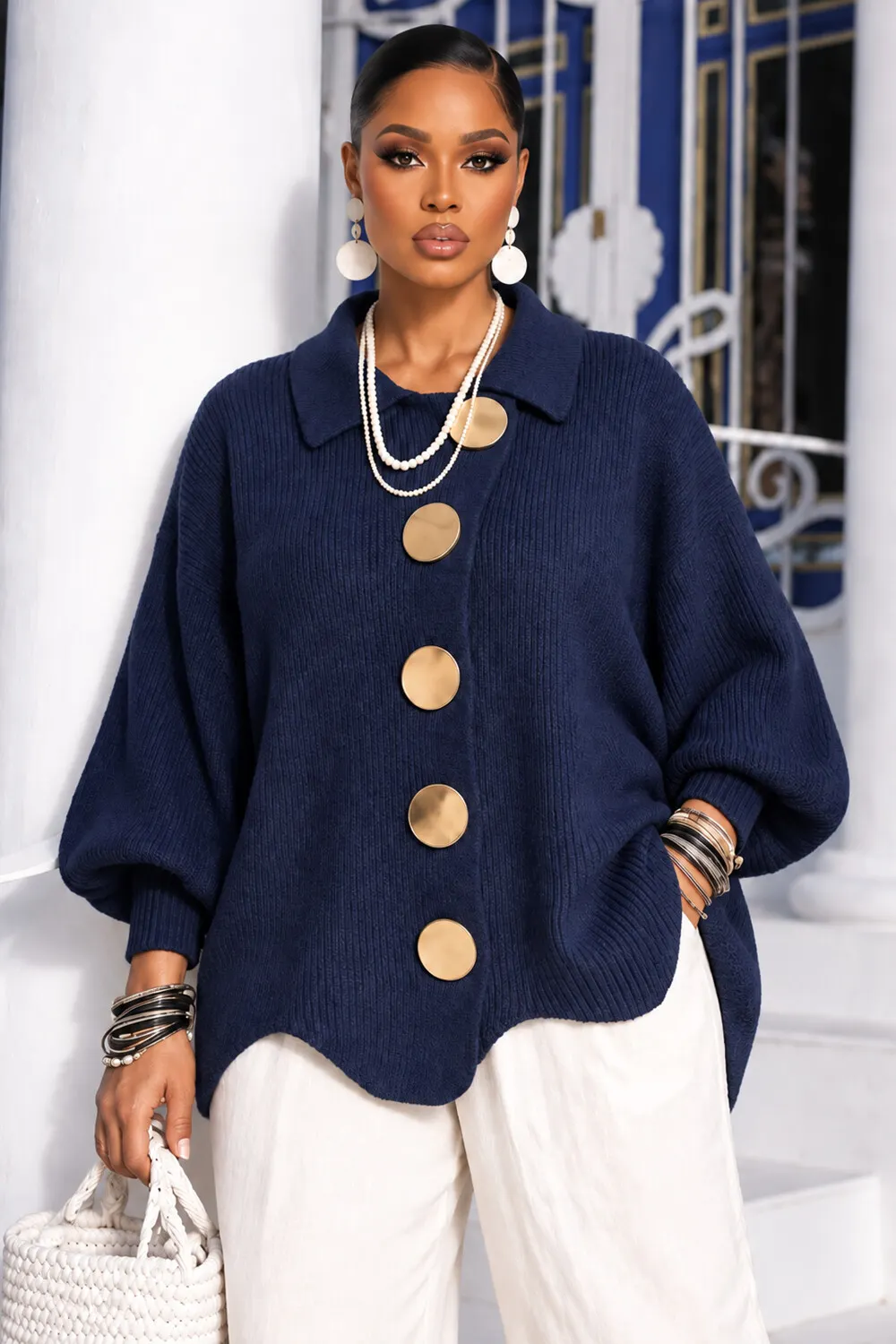 Oversized Lapel Collar Lantern Sleeve Gold Buttons Knit Cardigan-Navy