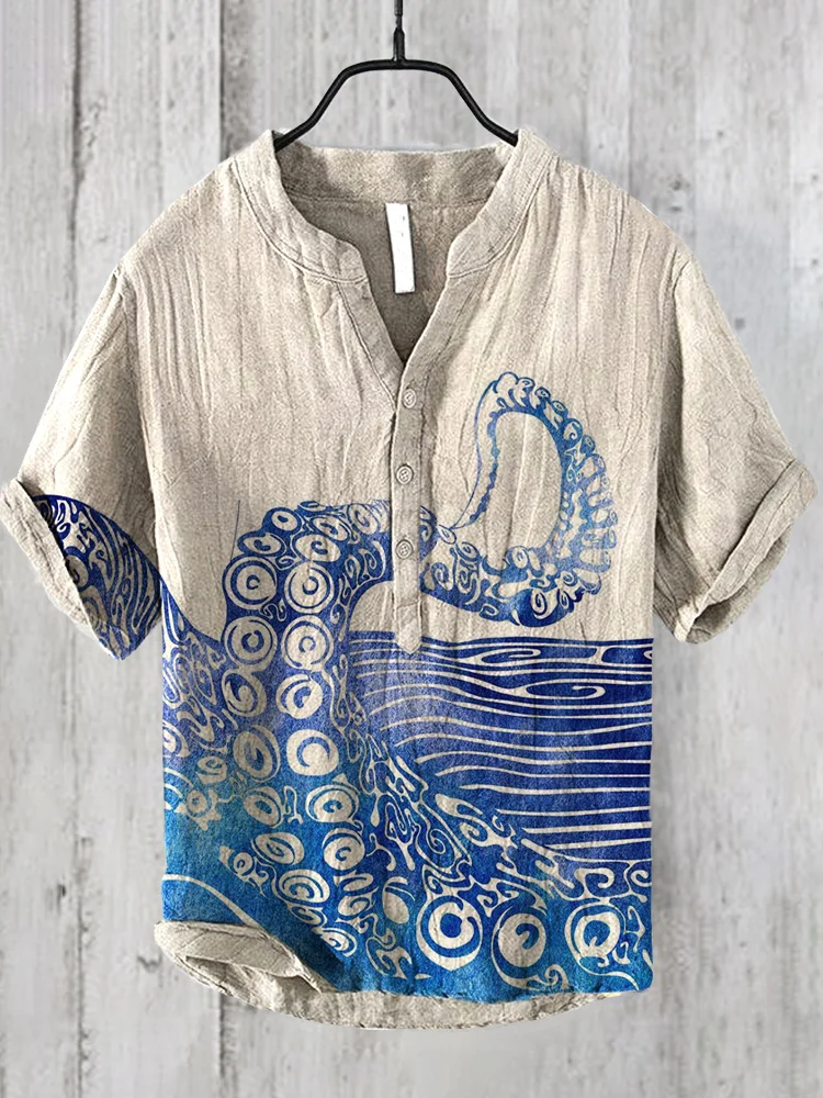 Comstylish Ocean Octopus Japanese Art Linen Blend Shirt