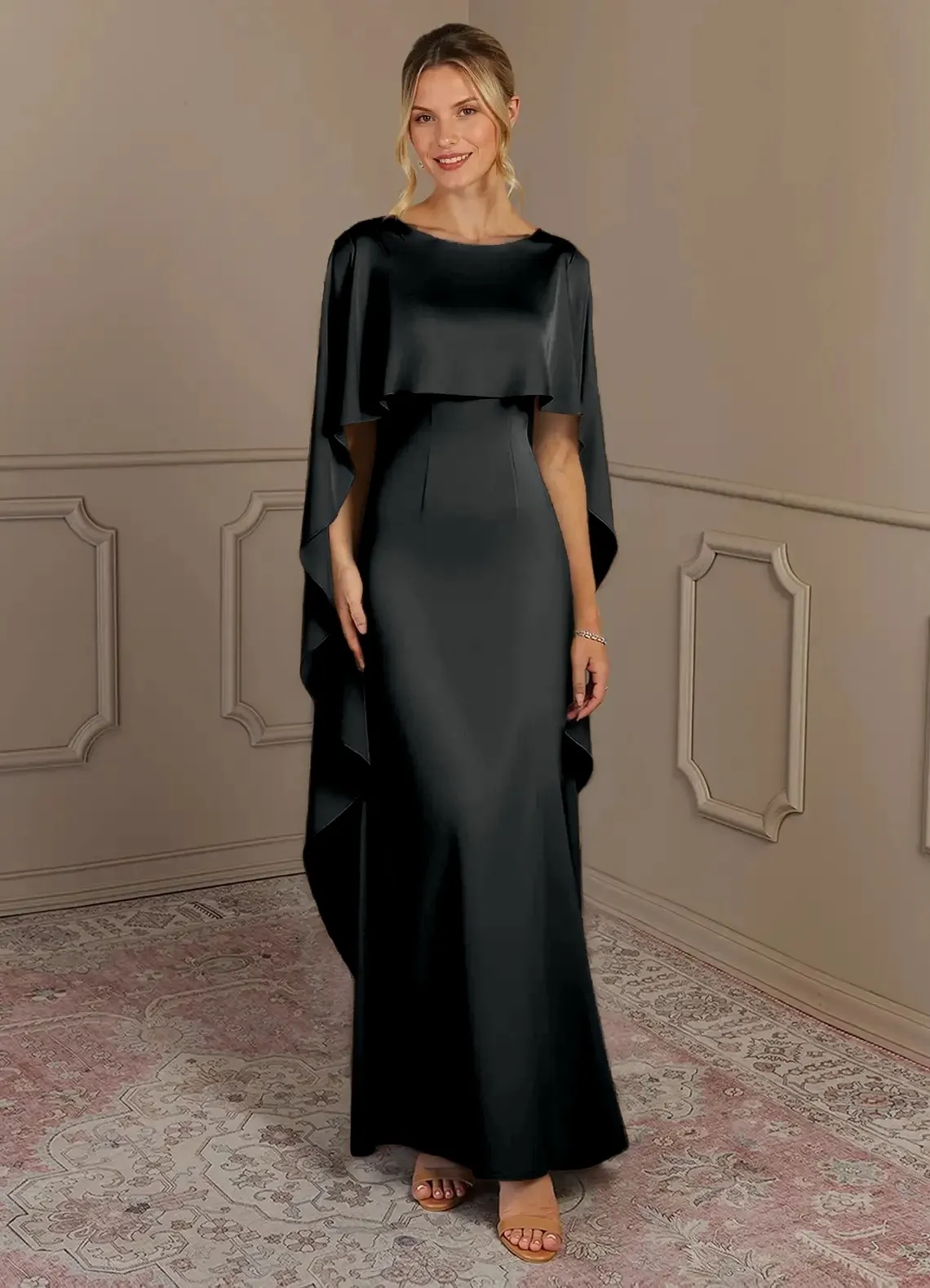Daisda Bateau Neck Cape Sleeves High-Waisted Long Mermaid Mother Of The Bride Dress