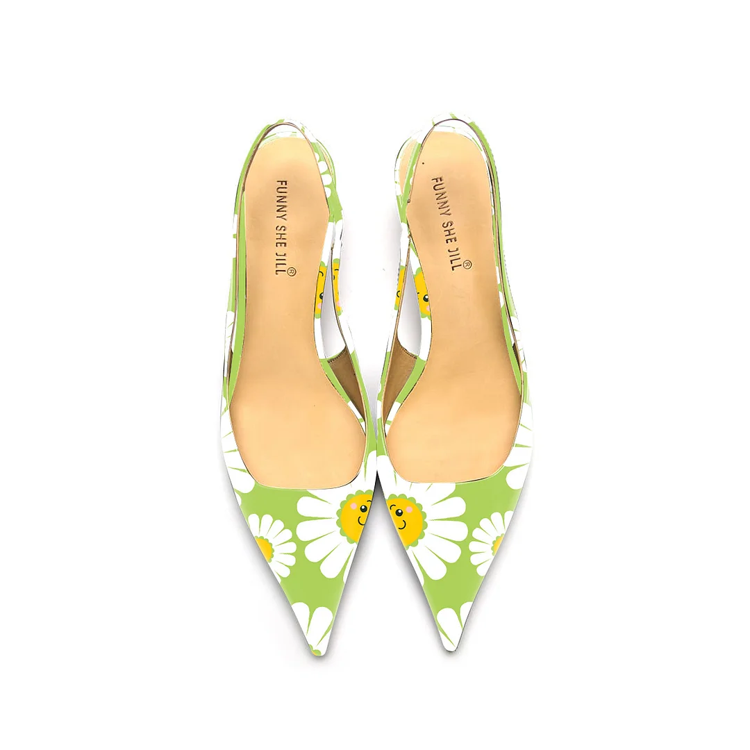 Green Daisy Pattern Patent Leather Pointed Toe Elegant Kitten Heel Slingback Dress Pump Shoes Nicepairs