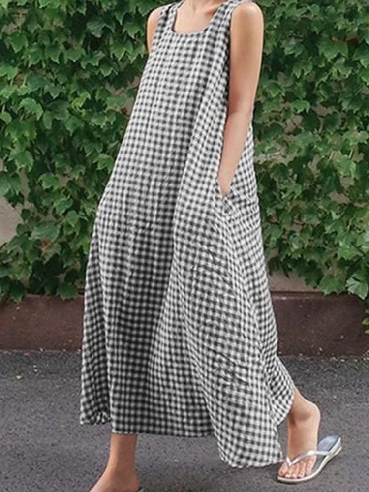 Vintage Loose Fit Plaid Sleeveless Maxi Dress
