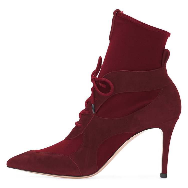 Maroon Lace Up Boots Stiletto Heel Ankle Boots for Women |FSJ Shoes