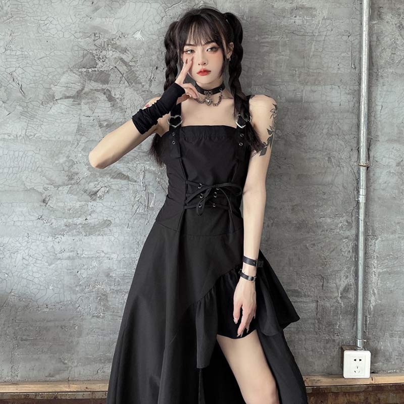 Irregular Lace Up Slip Dress Black