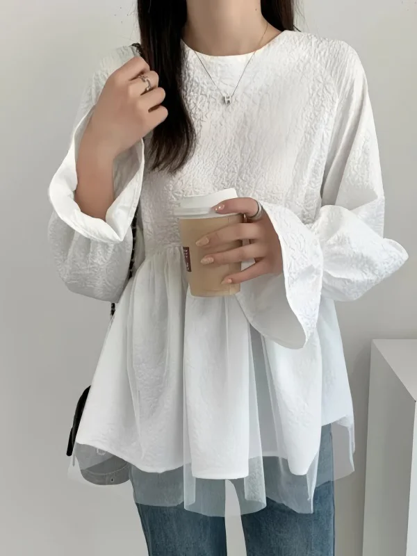 Elasticity Mesh Solid Color Split-Joint A-Line Flared Sleeves Round-Neck Blouses&Shirts Tops