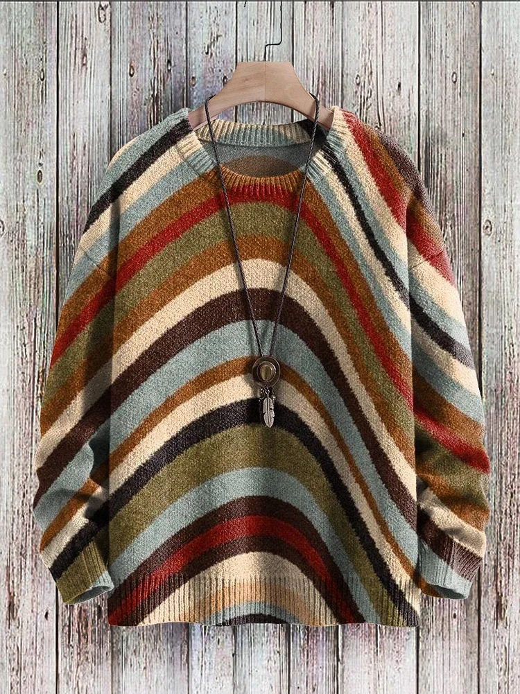 Vintage Curve Art Casual Print Pullover Knitted Sweater