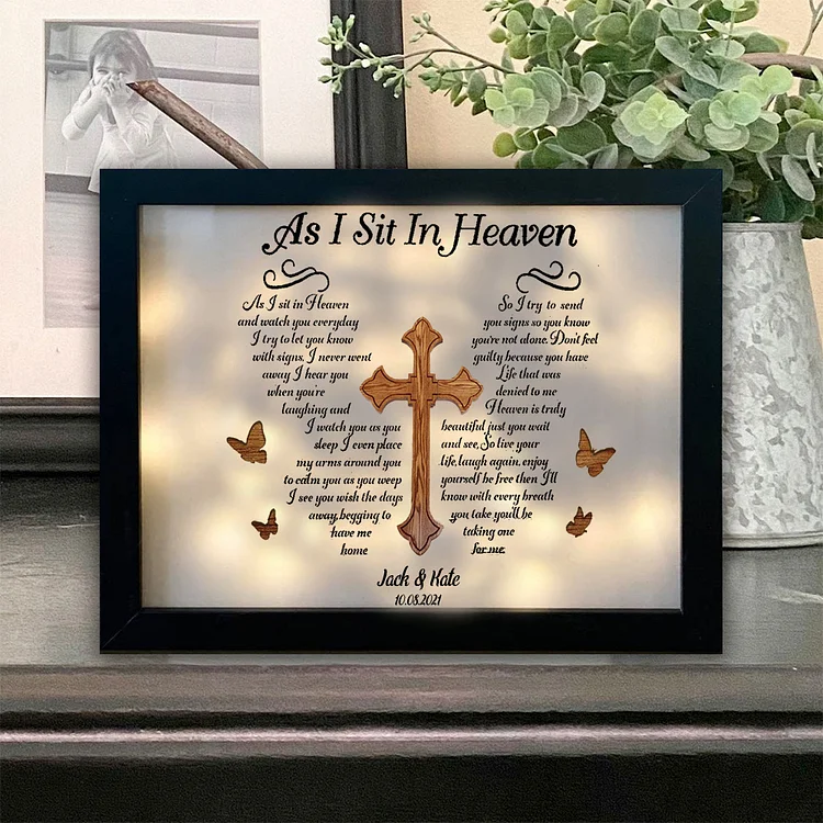 Cross Frame Personalized As I Sit in Heaven Poem Lighted Shadow Box Memorial Gifts