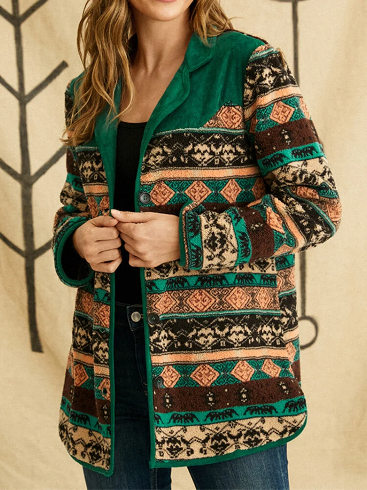Ethnic Print Patchwork Long Sleeve Lapel Collar Button Jackets for Women