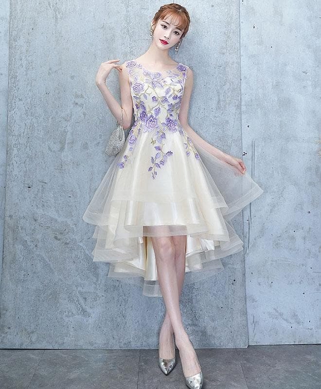 Light Champagne Tulle Lace Short Prom Dress, Lace Homecoming Dress