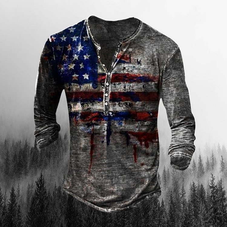 Men's Vintage Freedom Flag Print Comfortable Long Sleeve Henley Shirt