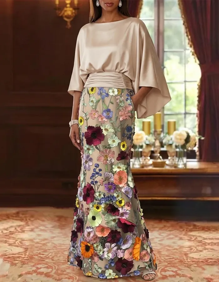 champagne satin flower maxi dress Champagne Satin Flower Maxi Dress for Rent