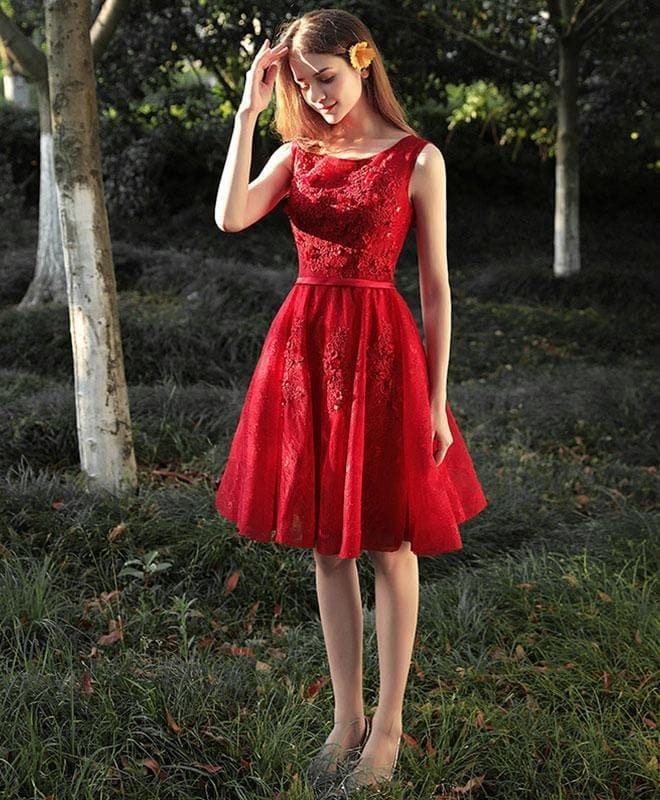 Cute Red Lace Short Prom Dress, Red Evening Dress