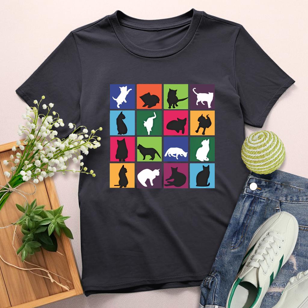 Colorful Cats Round Neck T-shirt-0025149-Guru-buzz