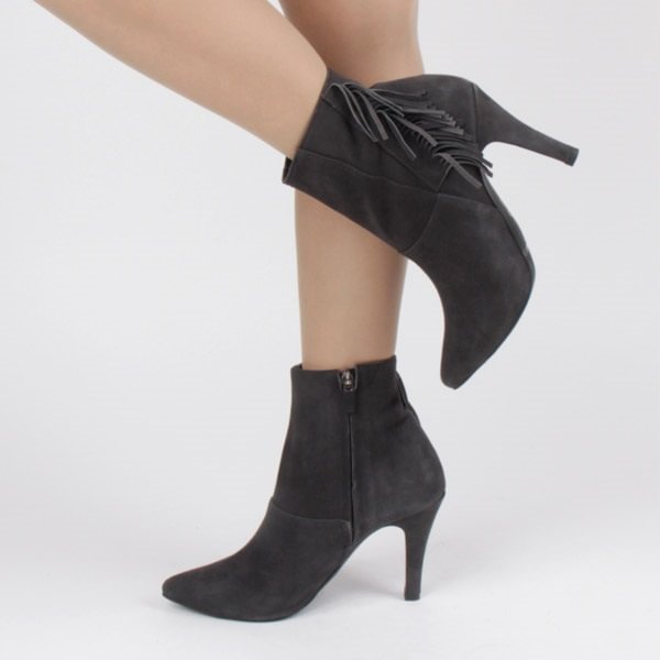 Dark Grey Fringe Boots Pointy Toe Suede Ankle Booties for Women |FSJ Shoes