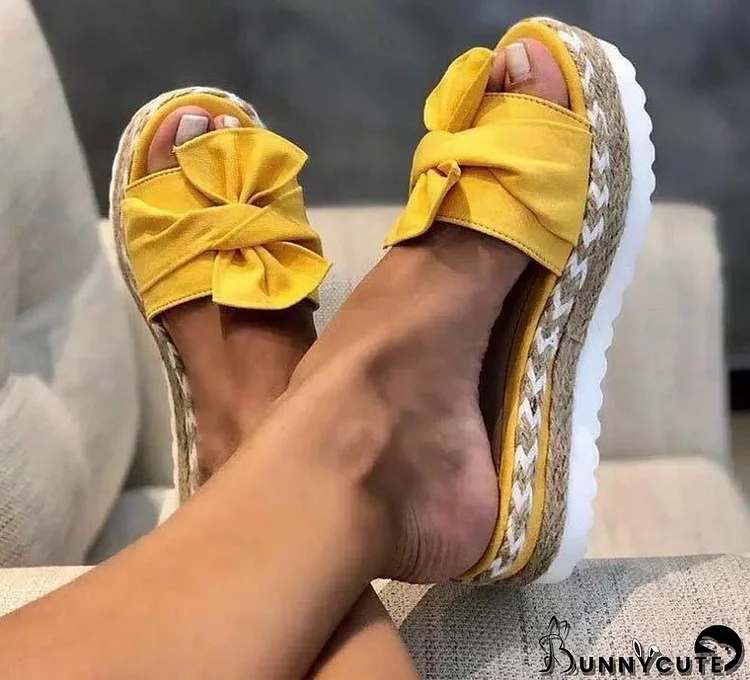Plus Size Women's Shoes One Word Sandals and Slippers Women Outdoor Wear Summer Wedge Bow Slippers Women's Beach Sandals