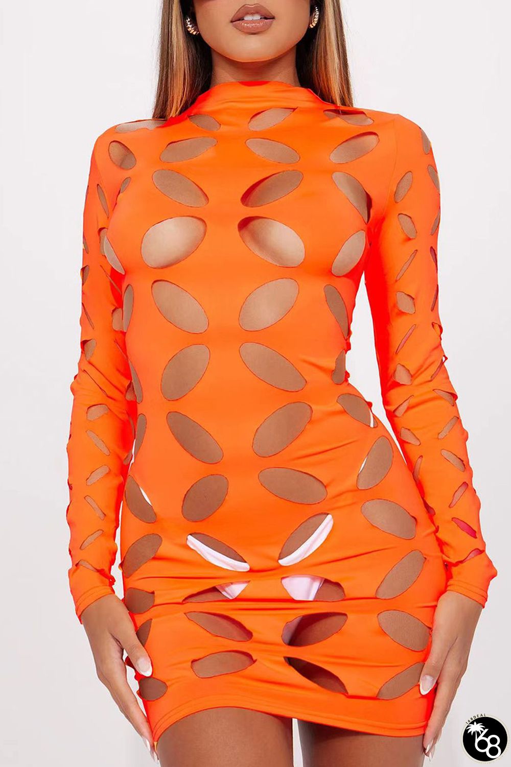 Orange Sexy Solid Hollowed Out Half A Turtleneck Long Sleeve Dresses | 168DEAL