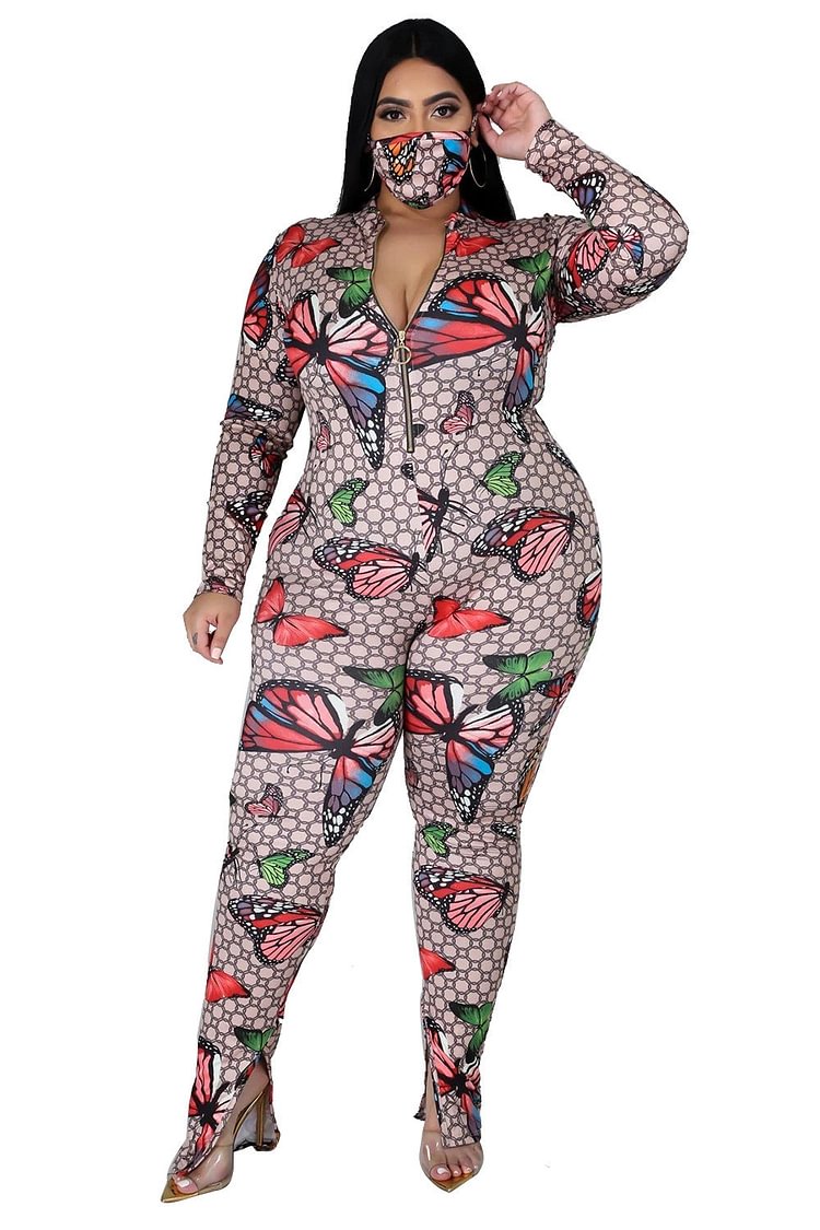 Plus Size Long Sleeve Print Jumpsuit - Life is Beautiful for You - SheChoic