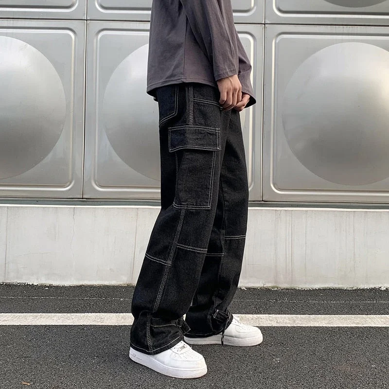 Aonga Men Wid Leg Baggy Harajuku Jeans Pants Mens Japanese Streetwear Vintage Denim Trousers Man Black Jeans Joggers 5XL
