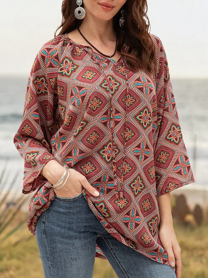 Women Boho Abstract V Neck Blouse Zaesvini