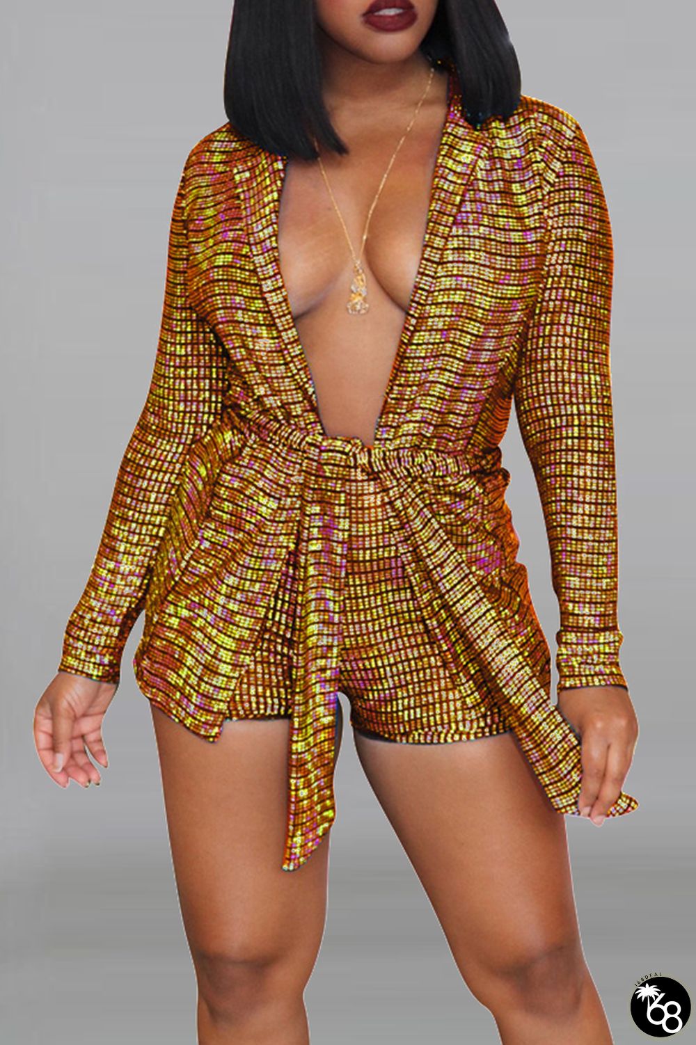 Gold Sexy Bronzing Bandage Patchwork Turndown Collar Long Sleeve Two Pieces | 168DEAL