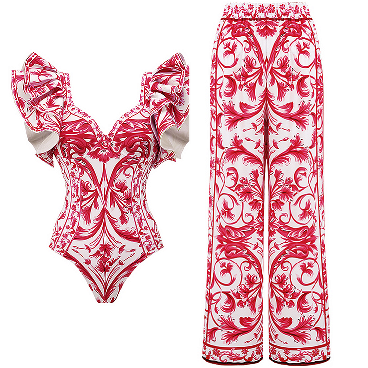 Baroco Style Printed One Piece Swimsuit and Skirt Flaxmaker