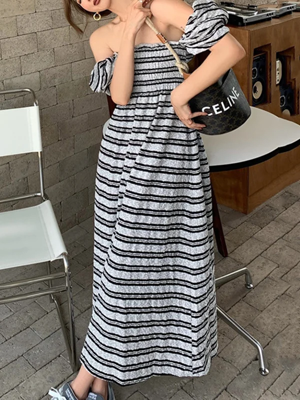 Roomy Puff Sleeves Pleated Striped Square-Neck Midi Dresses