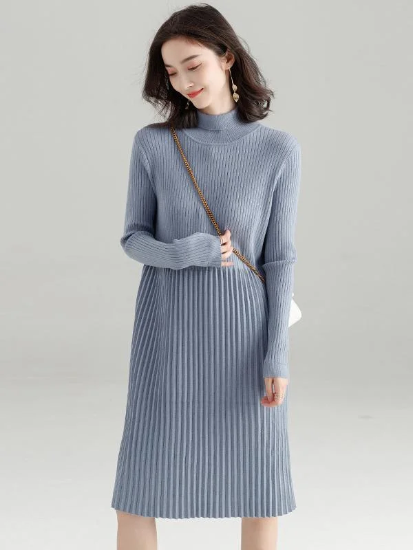Splicing Pleated Solid Color Knitting Sweater Dress