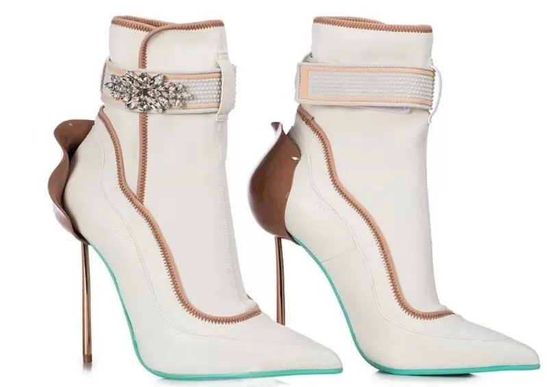 VCSHOES Woman White Black Blue Small Flower Bud Pointed Toe Socks Ankle Boots 100 MM Thin Heels Belt Buckle Patchwork Booties