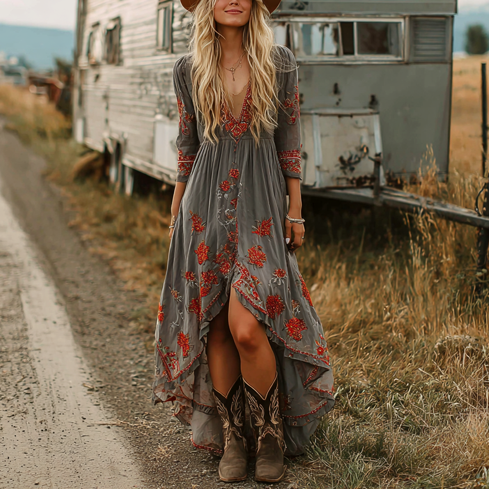Women's Vintage Boho Chic Floral Maxi Dress With Cowboy Boots