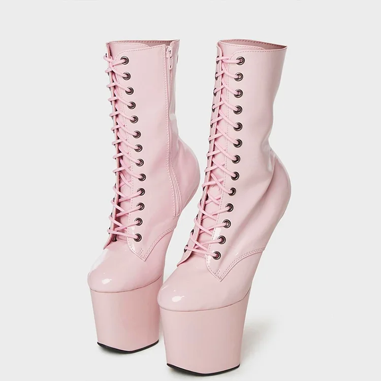 Light Pink Platform Boots Patent Leather Lace Up High Heel Booties |FSJ Shoes