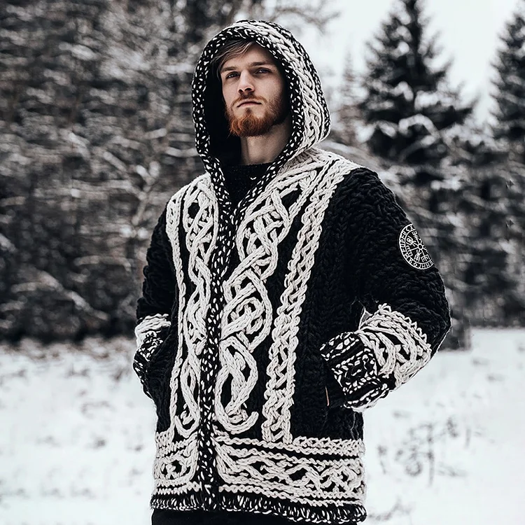 Men's Viking Tribal Celtic Jacquard Chunky Knit Zipper Hooded Cardigan