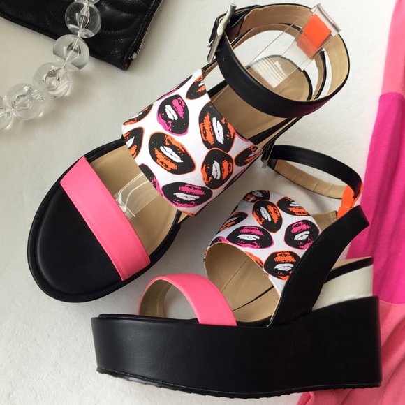 Women's Black and Pink Ankle Strap Open Toe Wedge Heels Sandals |FSJ Shoes