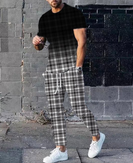 Casual Ombre Gingham Print Short Sleeve Shirt & Drawstring Pants 2Pcs Set
