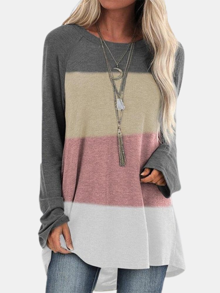 Contrast Color O neck Irregular T Shirt Long Sleeve Blouse For Women P1775921