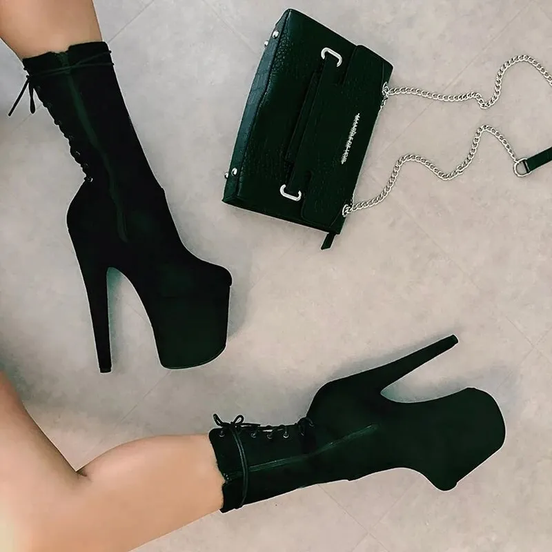 VCshoes Flock Round Toe Ankle Boots 20cm Catwalk Women's Pole Dance Stripper Heels Thin Heels Gothic Exotic Dancer Lace Up Queen Party